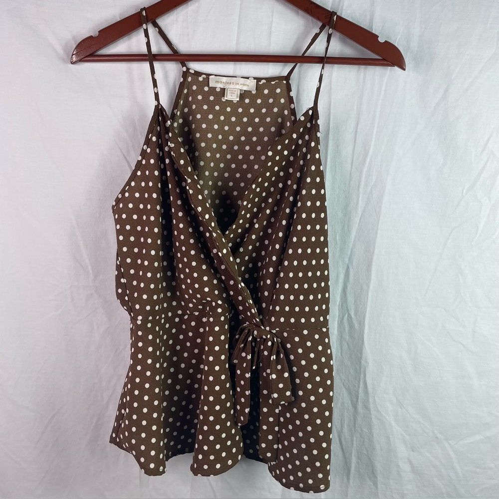 MONTEAU LA Women's Polka Dot Faux Wrap Peplum Tank Top Blouse Size L Brown